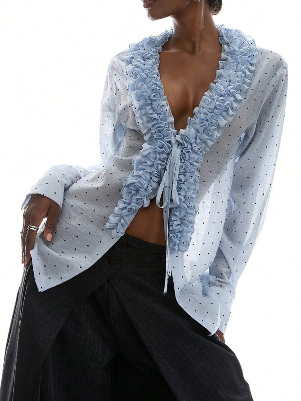 Blue Casual Women's Sexy Polka Dot Print Ruffle Hem Blouse - Picture 7 of 9